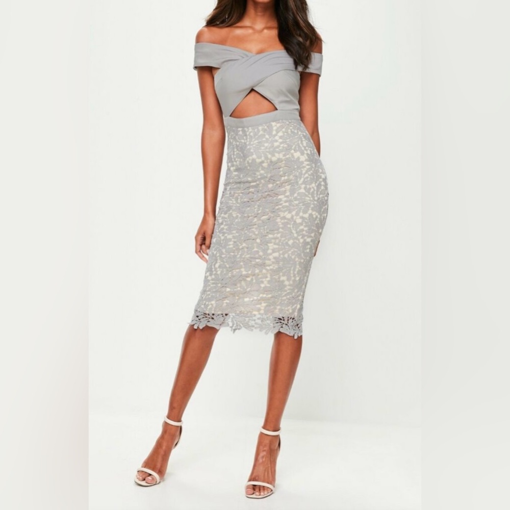 Misguided 🩶🩵Grey Lace Bardot Midi dress.This dress is Stunning!🩶🩵